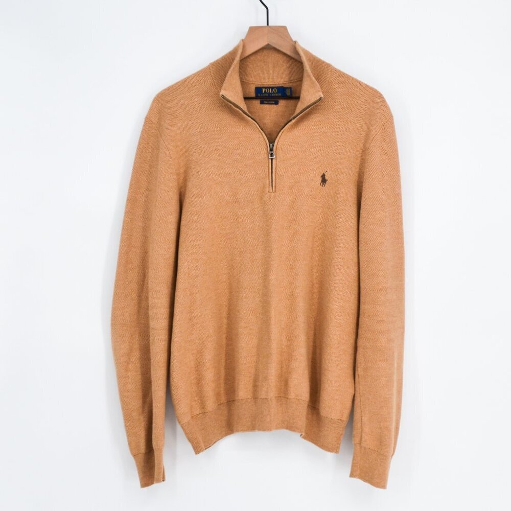 Polo Ralph Lauren Pima Cotton 1/2 Zip Sweater Mens M Camel Melange Pony Pullover